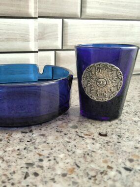 DUO: Cobalt Blue Glass Ashtray & Shot Glass Pewter Sun Medallion